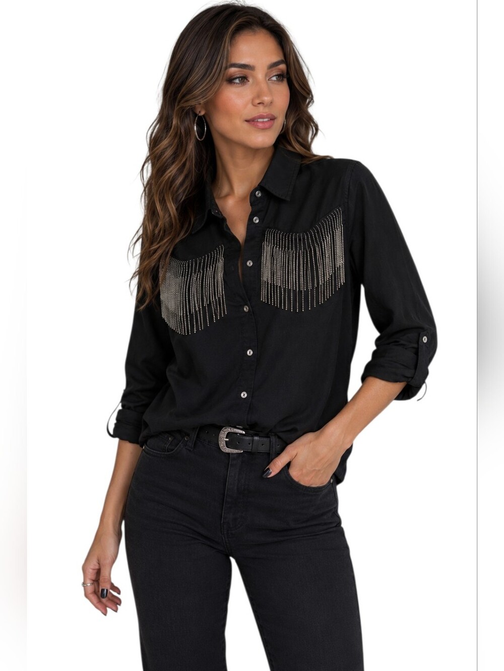 Zara Black Rhinestone Fringe Western Button-Up Shirt XS